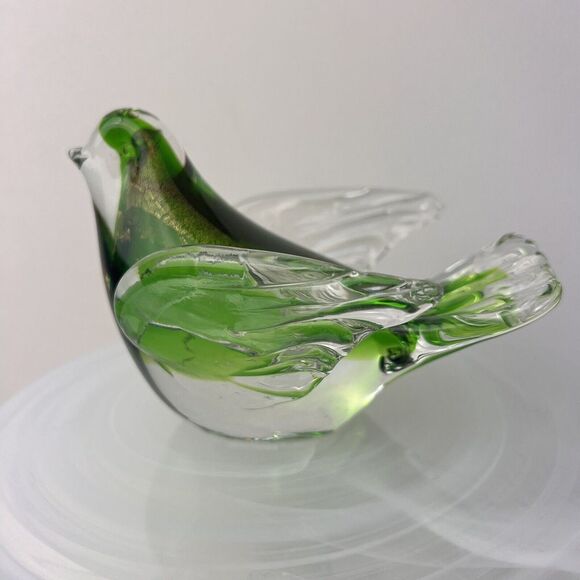 Murano Other - Murano Style  Glass Bird Dove Paperweight Decor Clear Glass GreenGold Inlay
